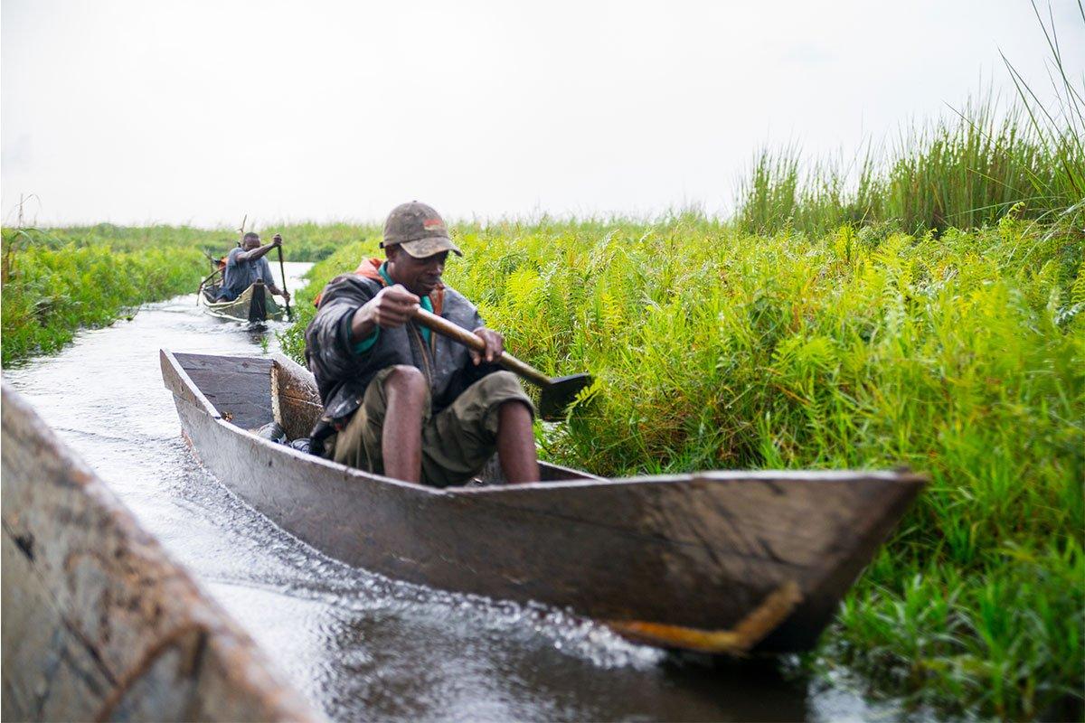 Canoe safari through wetlands in Katonga Wildlife Reserve