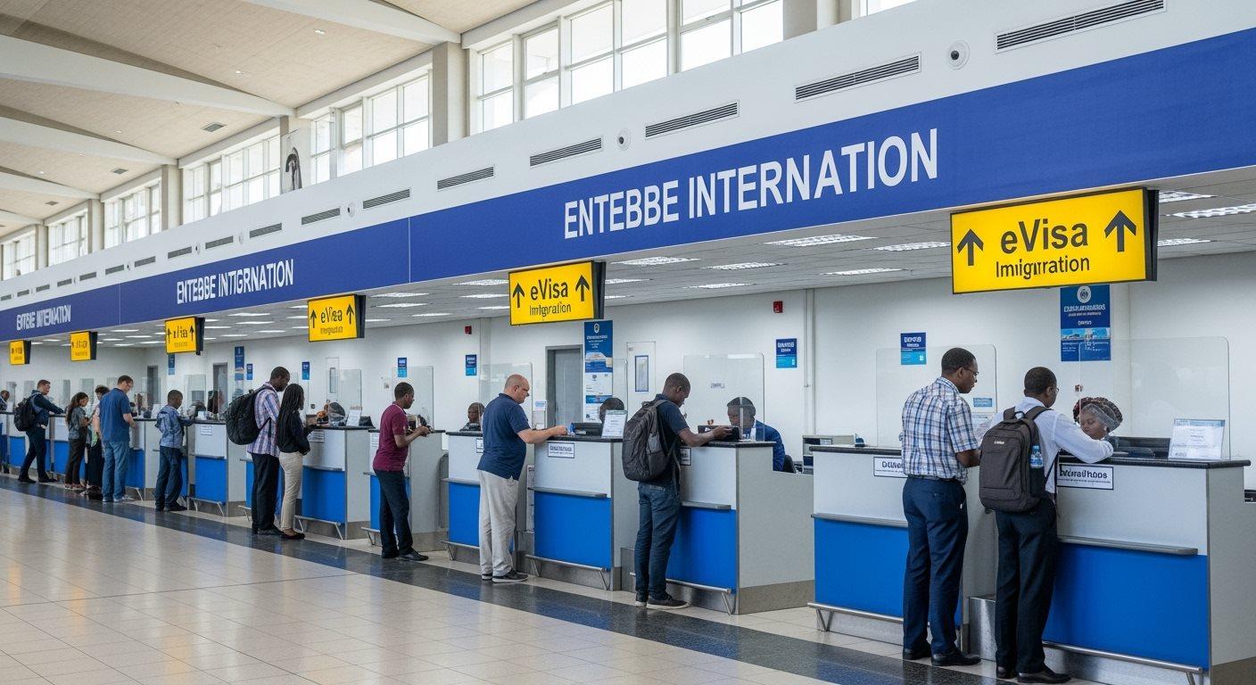 Entebbe International Airport terminal in Uganda with travellers arriving and departing