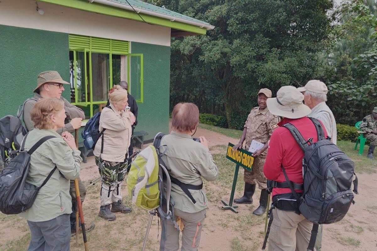 Gorilla trekking briefing by ranger before entering forest